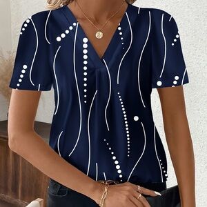 Navy Blue V-Neck Women's Top with White Pattern